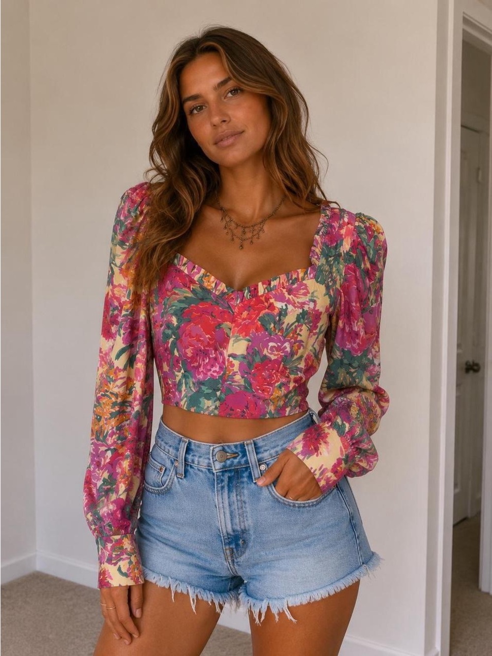 Zara Floral Puff-Sleeve Sweetheart Crop Top in Pink, Green & Yellow